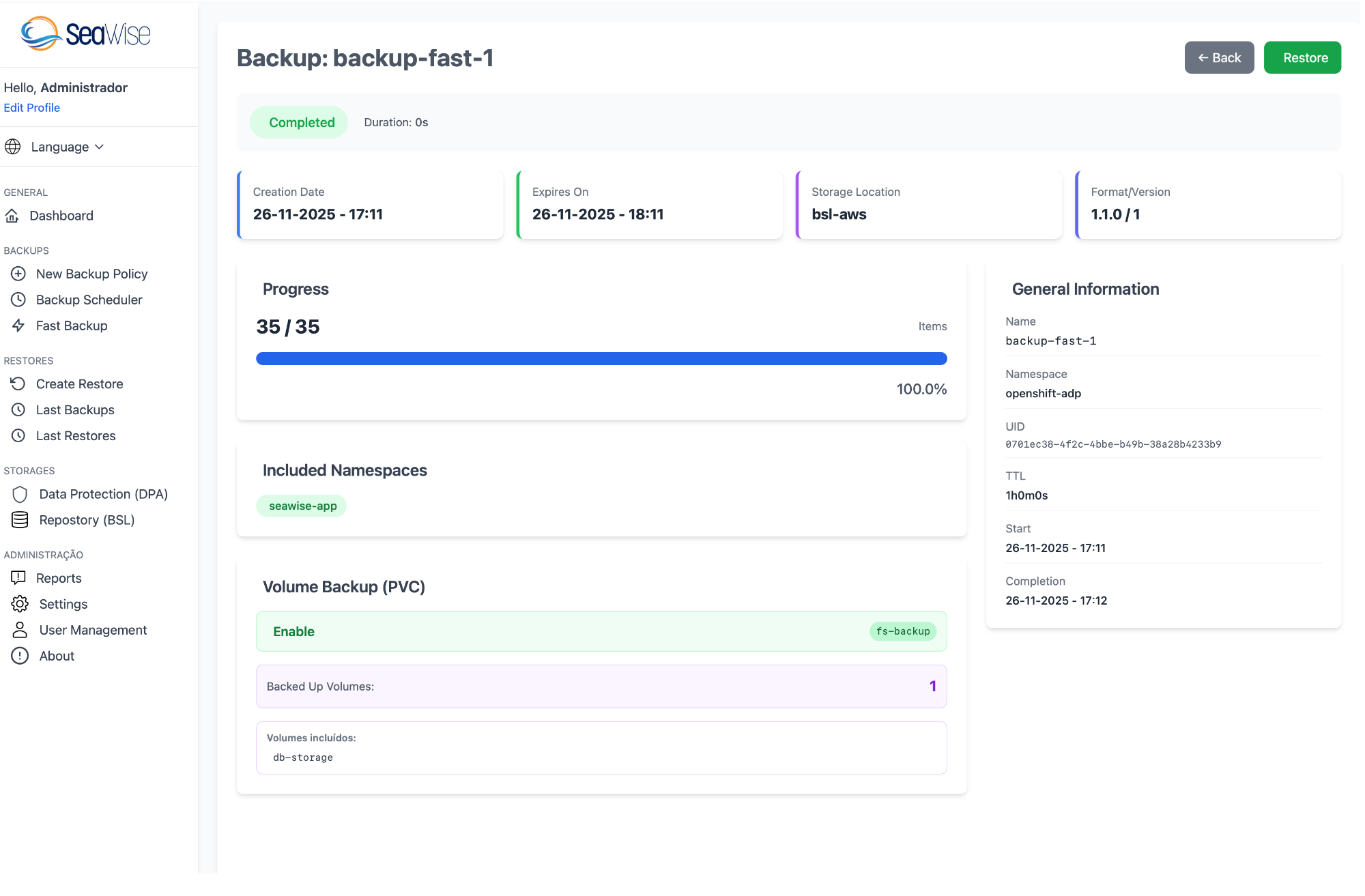 Detalhes do Backup